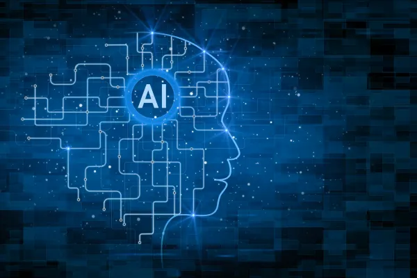 Abstrakte Illustration eines menschlichen Kopfes mit KI Schaltkreisen und AI Schriftzug.