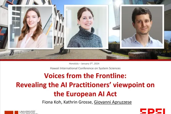 Drei Porträts von Personen vor einem modernen Universitätsgebäude. Darunter der Titel des Konferenzbeitrags: "Voices from the Frontline: Revealing the AI Practitioners' viewpoint on the European AI Act". Logos der Universität Liechtenstein und EPFL sind sichtbar.
