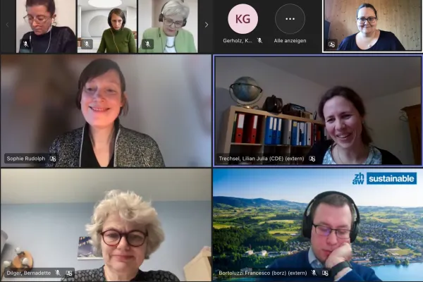 Eine Online-Podiumsdiskussion mit neun Teilnehmern in einem Videokonferenz-Layout. Die Teilnehmer sind in individuellen Kacheln zu sehen, einige mit virtuellen Hintergründen. Alle wirken konzentriert und engagiert.