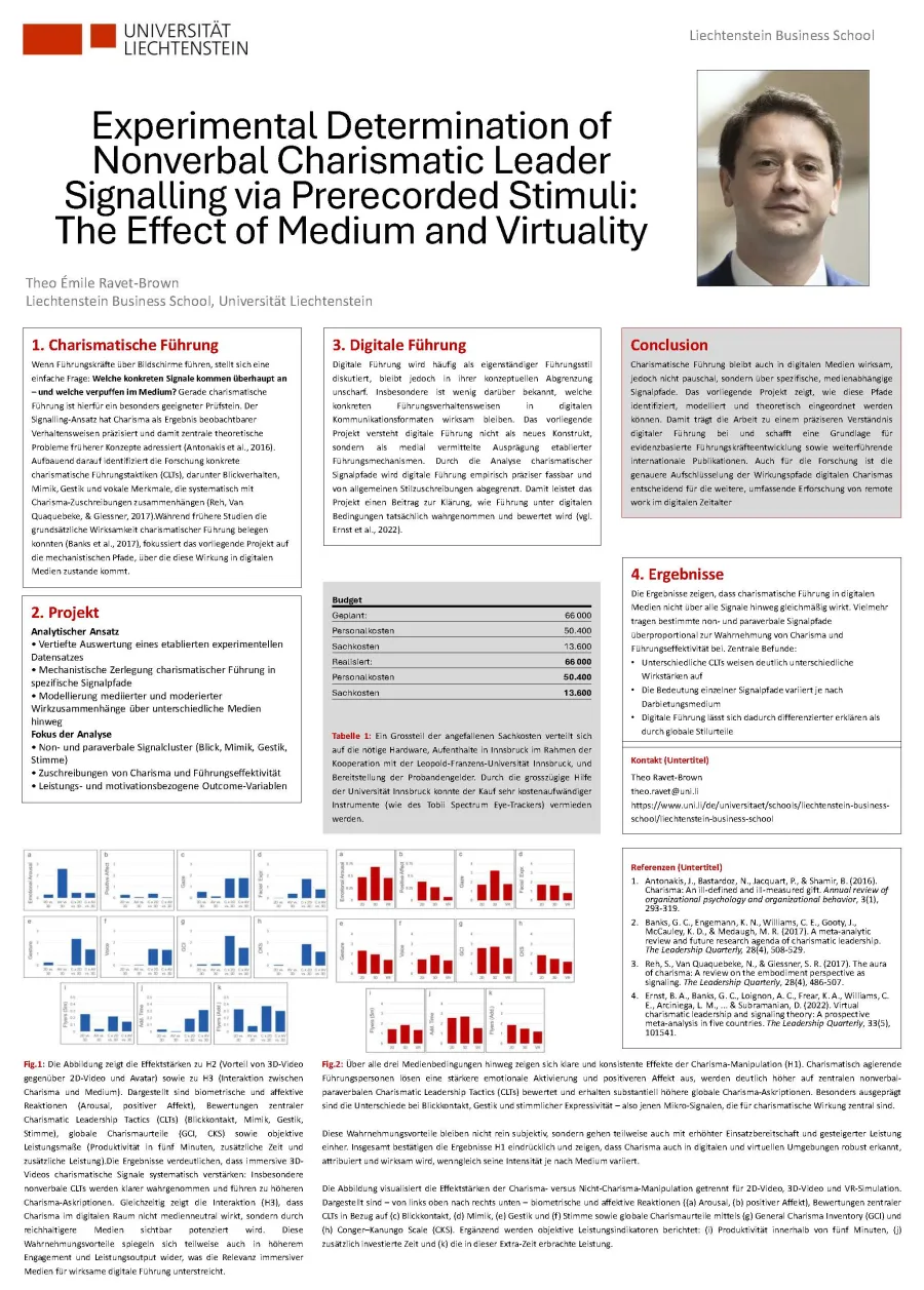Abschlussposter Experimentelle Bestimmung nonverbaler charismatischer Führungssignale durch voraufgezeichnete Stimuli: Der Einfluss von Medium und Virtualität
